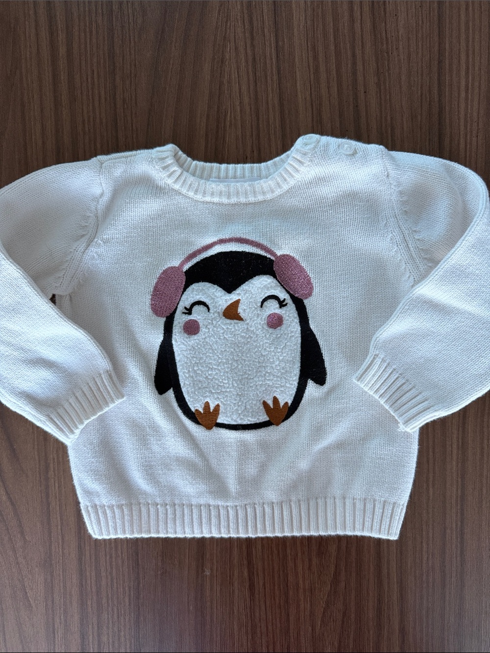 Joe Fresh Cream Crewneck Sweater with Penguin and Pink Earmuffs